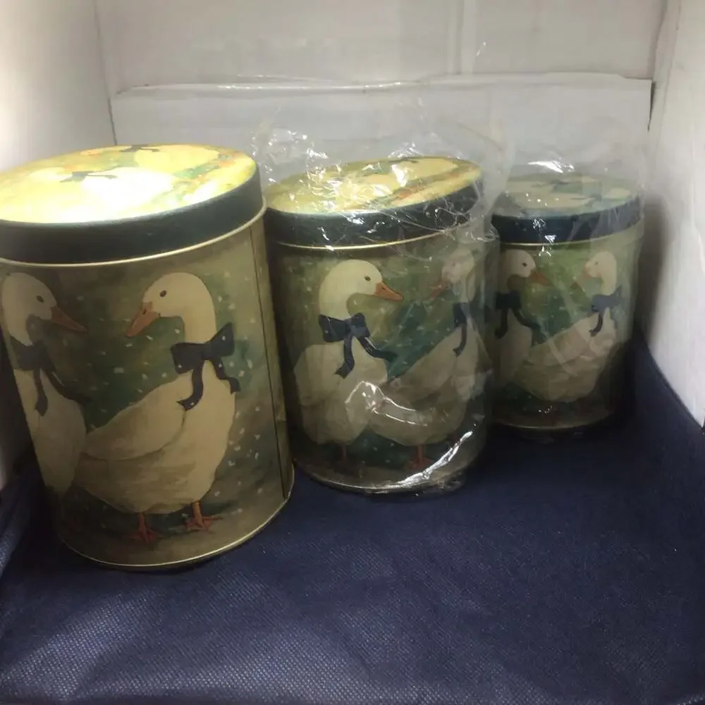 Vintage Nesting Metal Canister Set with Winter Geese and Blue Bows