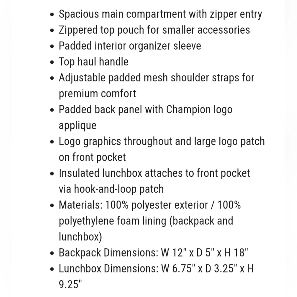 Champion Backpack with Matching Lunch Box Set Champion Signature Logo Backpack