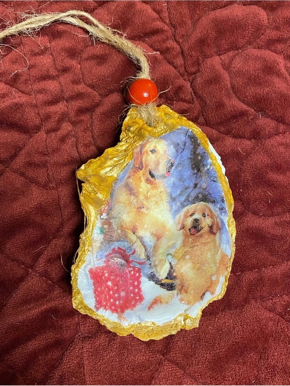 Handmade Golden Dog Holiday Ornament oyster shell
