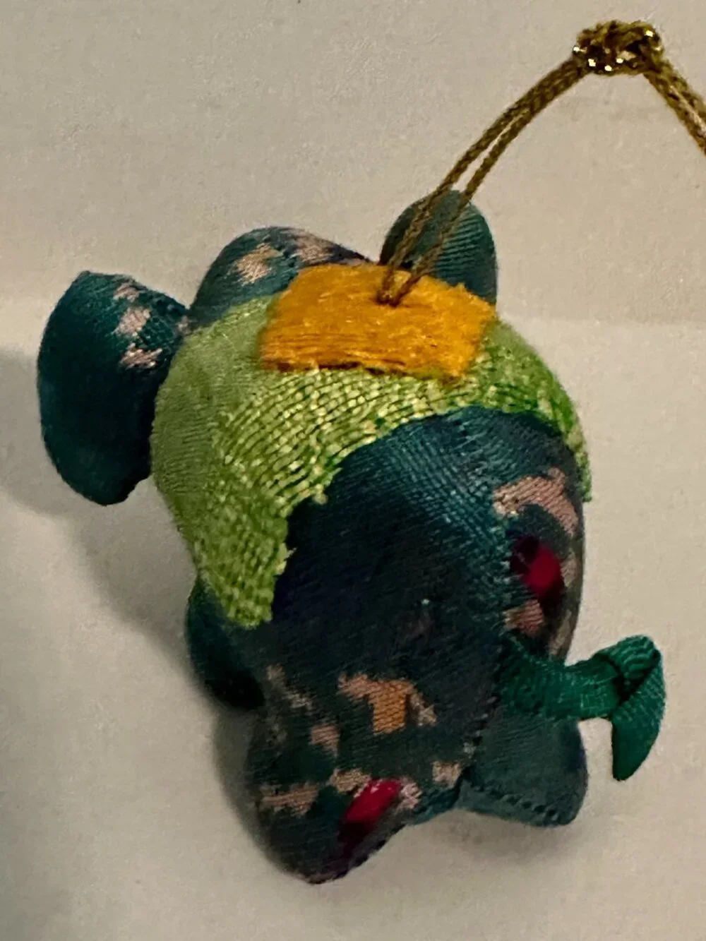 Mini Fabric Elephant Hanging Ornament Green Floral Gold Cord