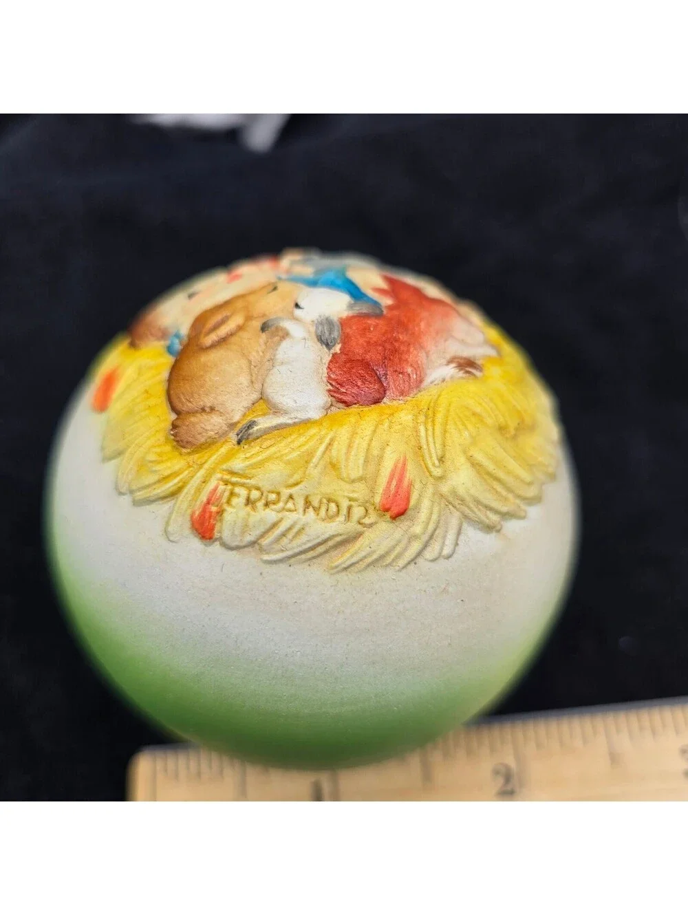 Vintage 1979 Schmid ANRI Ferrandiz Christmas Ornament Ball Baby & Bunnies Italy