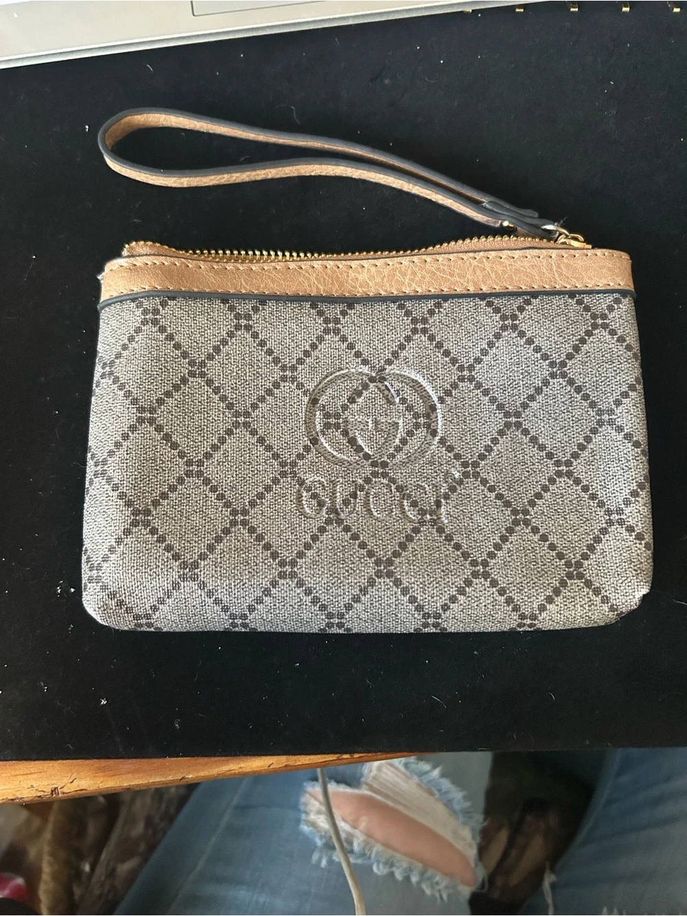 FASHION-Beige Monogram Wristlet Pouch
