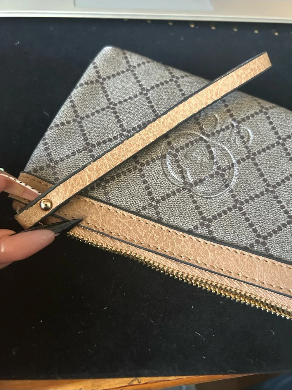 FASHION-Beige Monogram Wristlet Pouch
