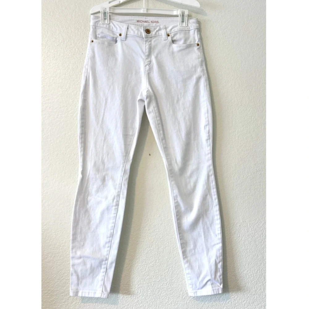 Michael Kors Izzy Skinny Jeans White Stretch Denim Pants Size 4 Gold Hardware