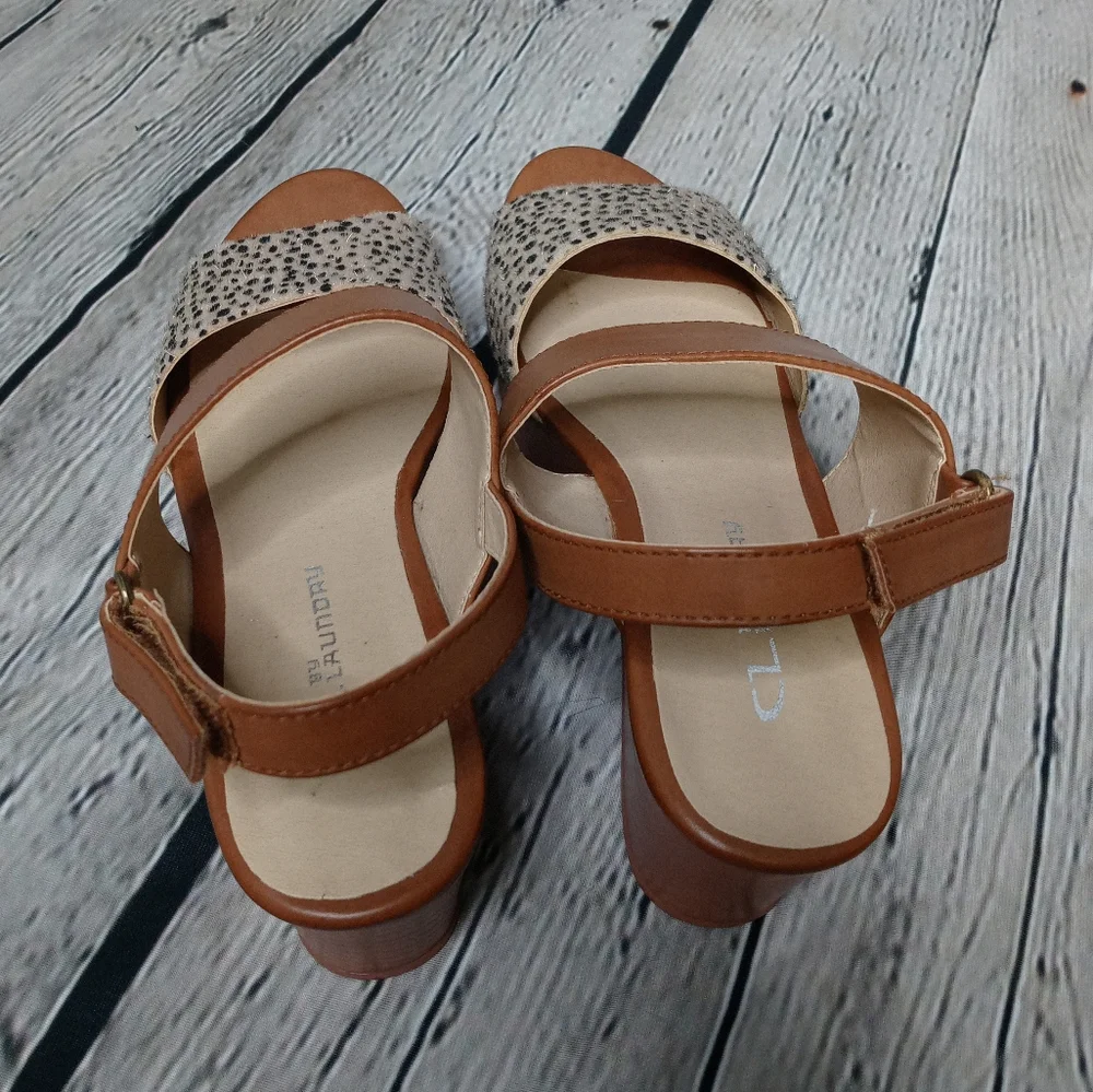 CL by Laundry Tan and Cream Leopard Print Wedge Sandals