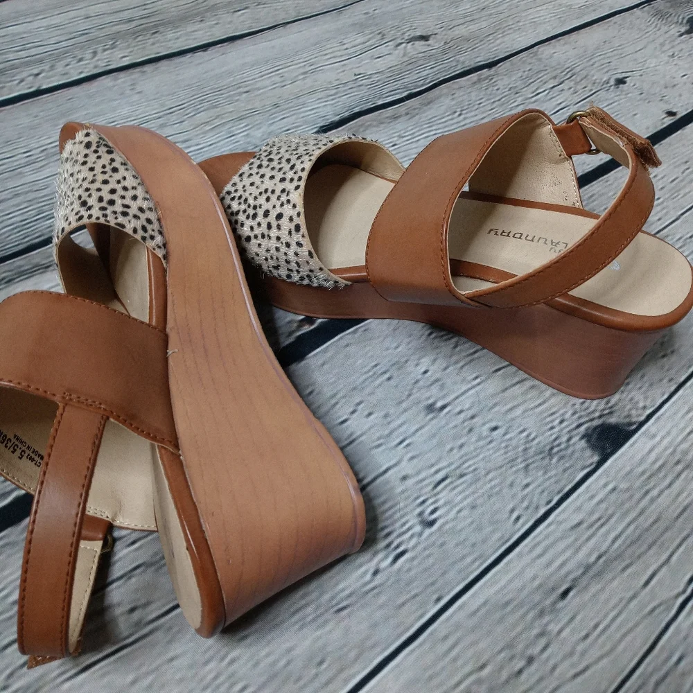 CL by Laundry Tan and Cream Leopard Print Wedge Sandals