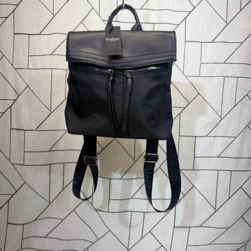 Botkier Backpack Small Black Nylon Leather Trim Logo Straps Zipper Pockets