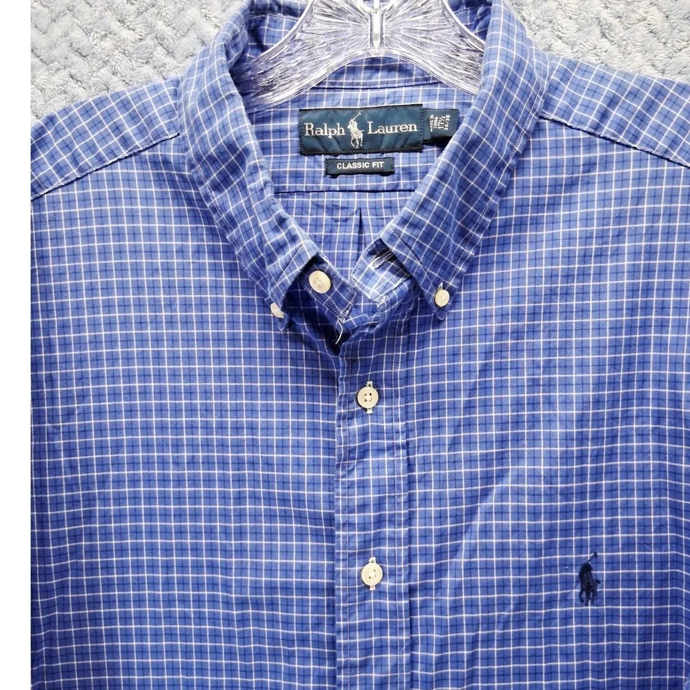 Ralph Lauren Classic Fit Blue White Check Button Down Shirt Mens 17.5 34/35 XL