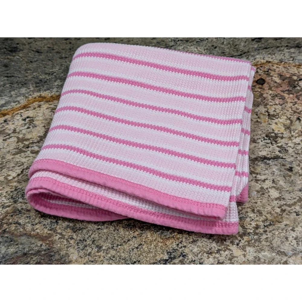 Vintage Waffle Weave Thermal Cotton Blanket Pink Stripe Girl READ