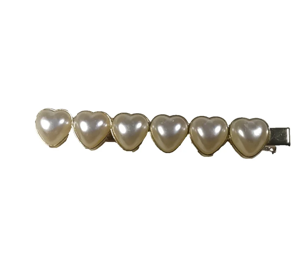 Hair Clip Barrette Faux Pearl Hearts Gold Tone Feminine Love