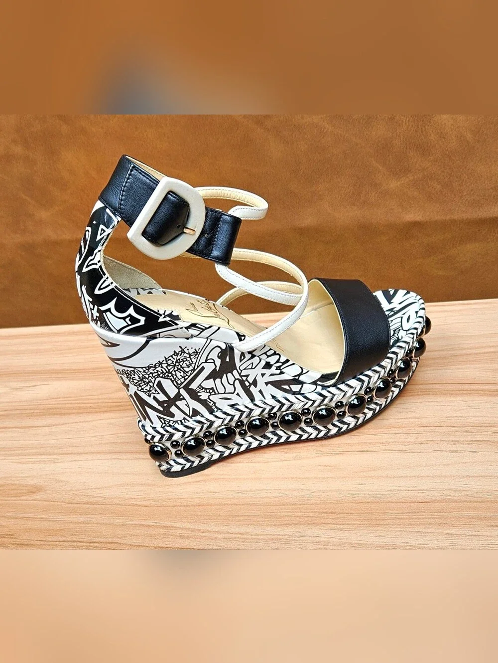 Christian Louboutin Black & White Graffiti Wedge Buckle Sandals Size 5 US