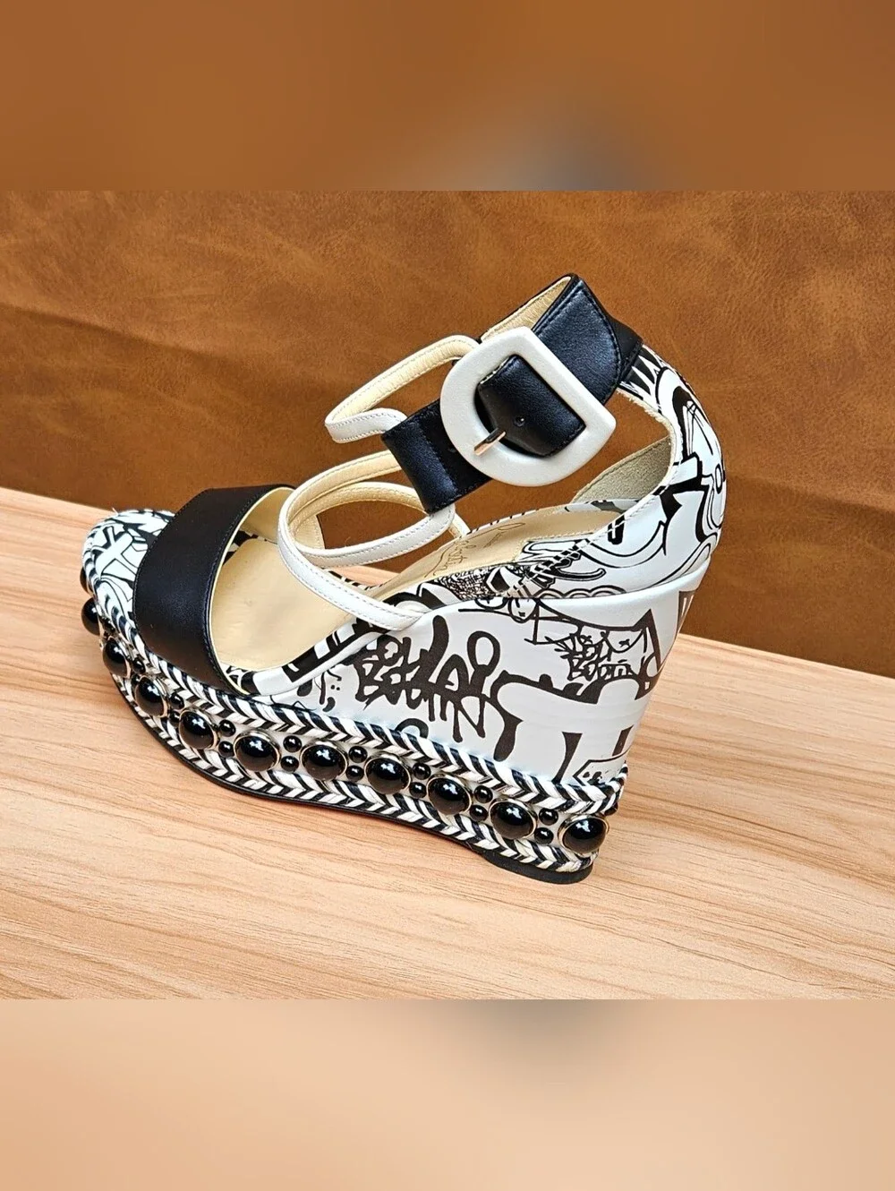 Christian Louboutin Black & White Graffiti Wedge Buckle Sandals Size 5 US