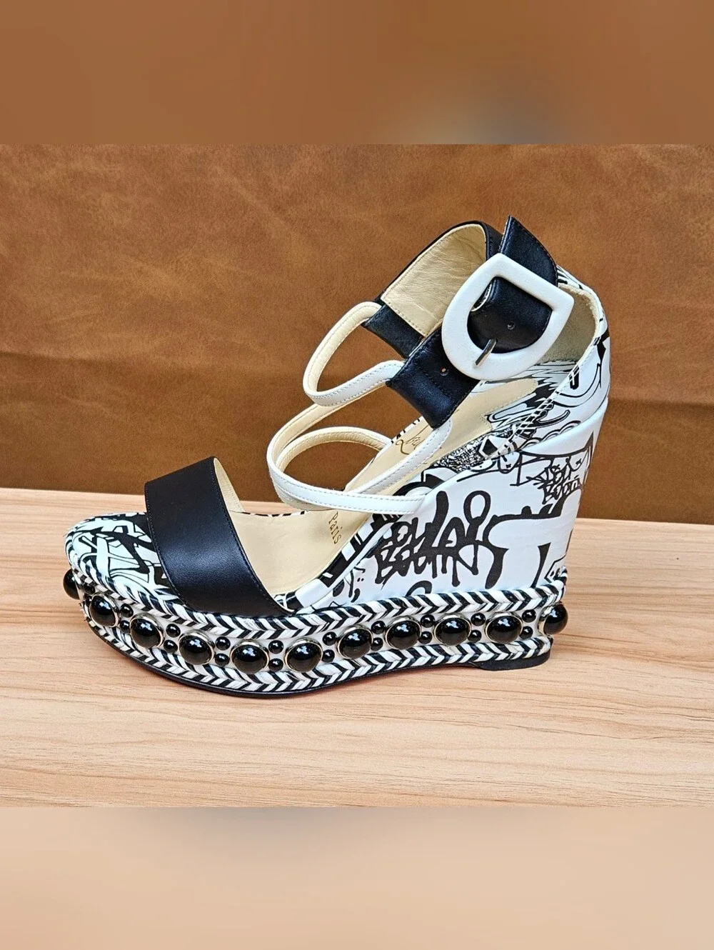 Christian Louboutin Black & White Graffiti Wedge Buckle Sandals Size 5 US