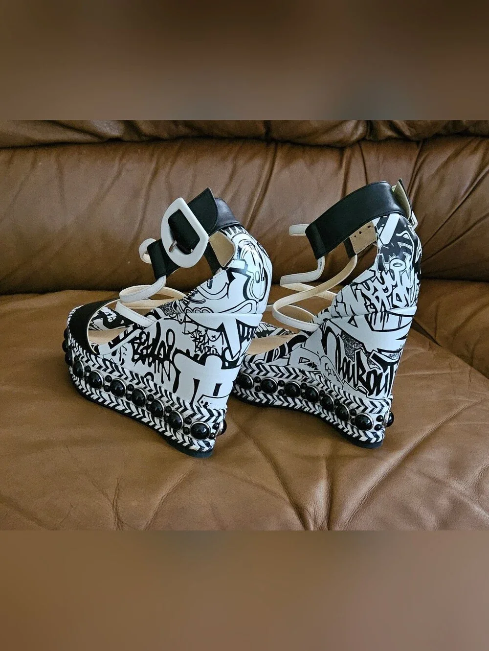 Christian Louboutin Black & White Graffiti Wedge Buckle Sandals Size 5 US