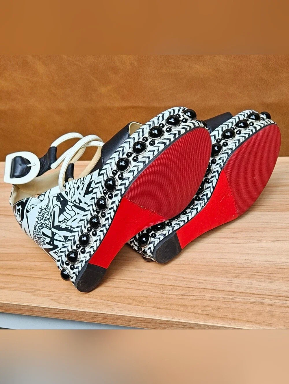 Christian Louboutin Black & White Graffiti Wedge Buckle Sandals Size 5 US