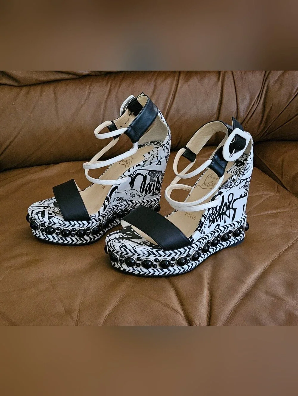 Christian Louboutin Black & White Graffiti Wedge Buckle Sandals Size 5 US