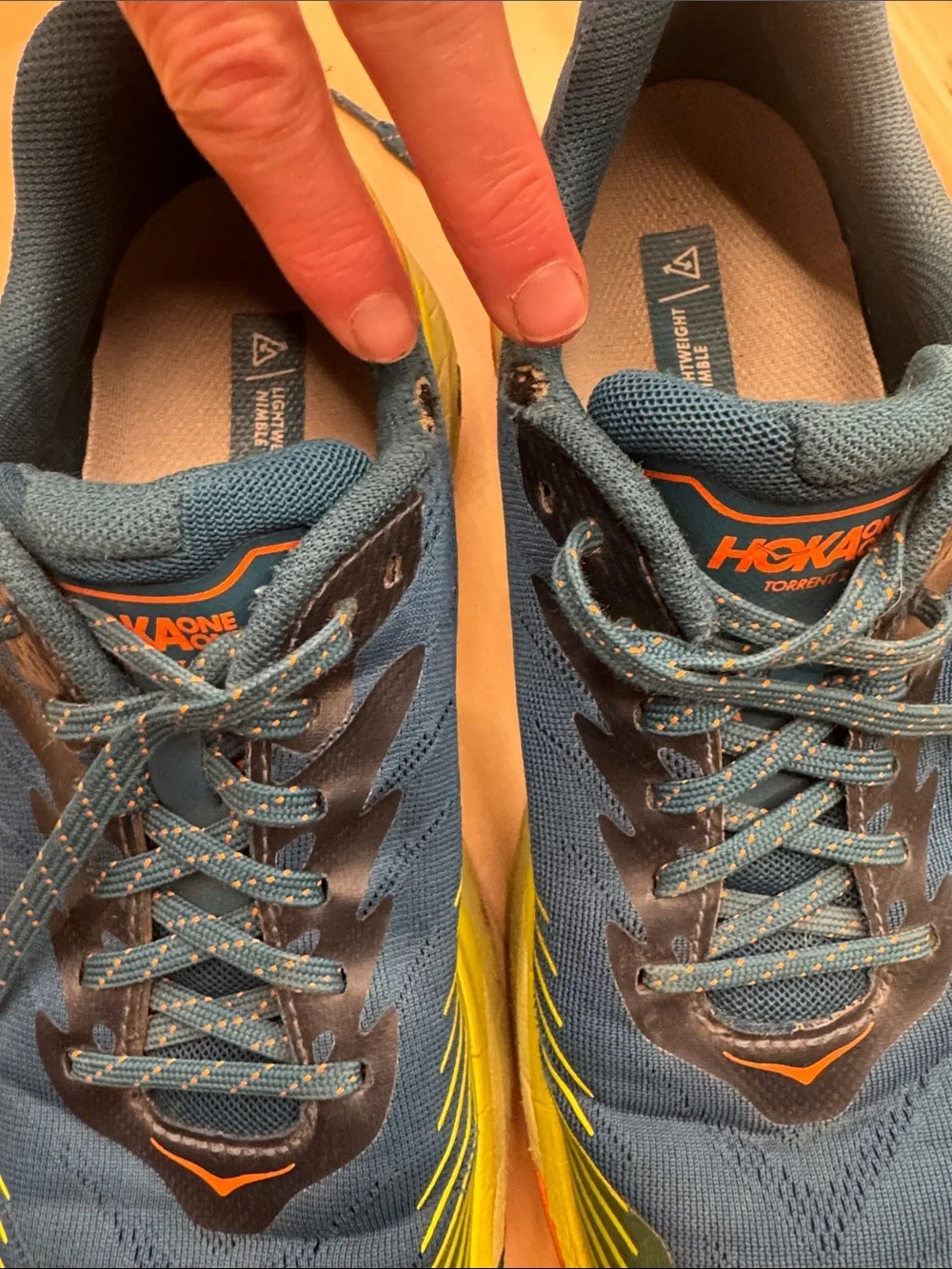 Hoka Torrent 2 trail running shoes in the Blue Coral/Evening Primrose colorway 9