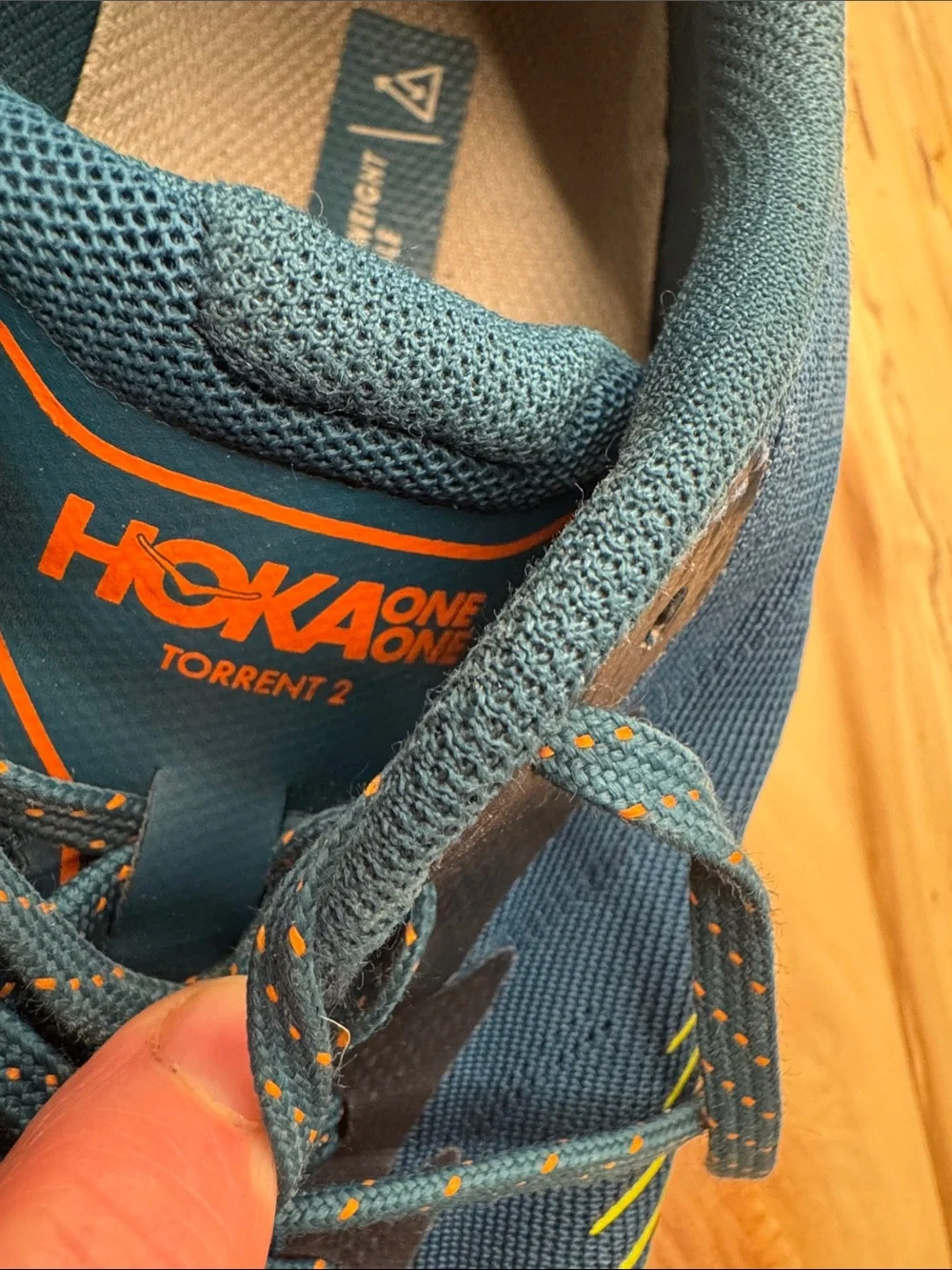 Hoka Torrent 2 trail running shoes in the Blue Coral/Evening Primrose colorway 9