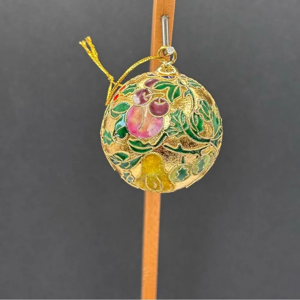 Vintage GANZ Cloisonné Metal Enamel Gold Christmas Ornament Floral Fruit 2 In