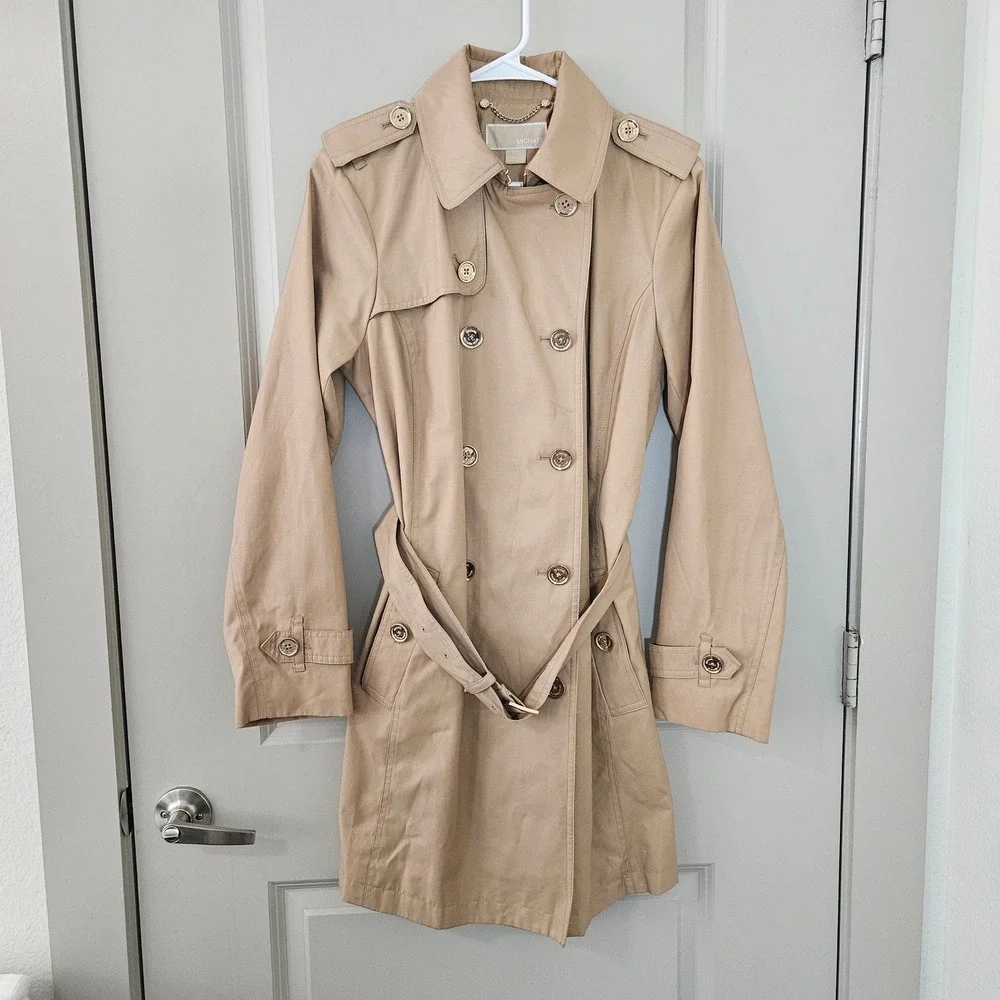 Michael Kors Womens Tan Double Breasted Belted Trench Coat Khaki Size M