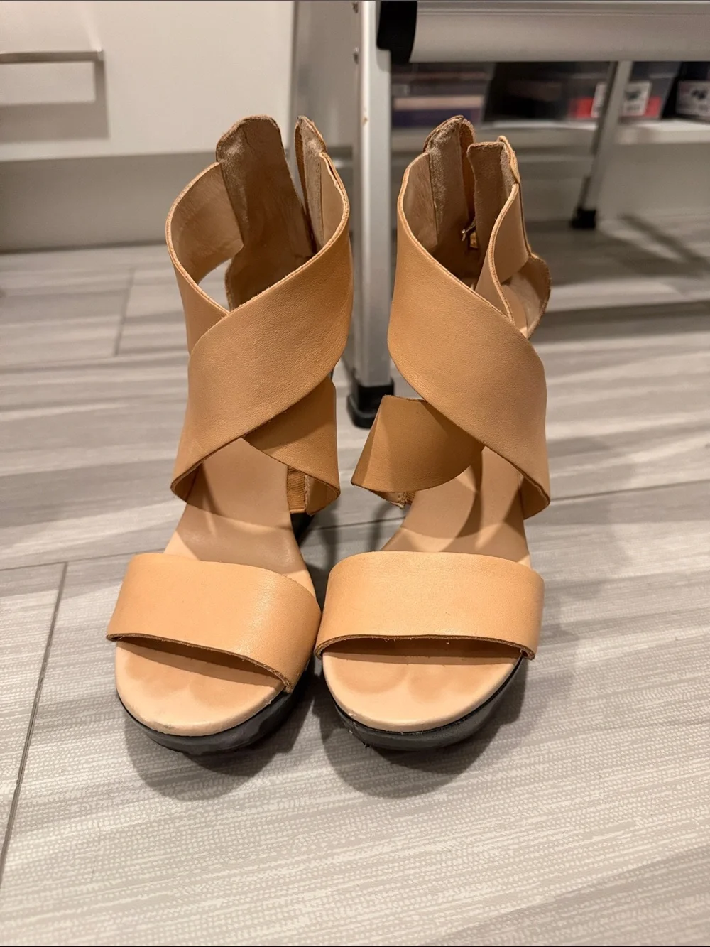 Diane Von Furstenberg Tan and Black Leather Crisscross Wedge Sandals