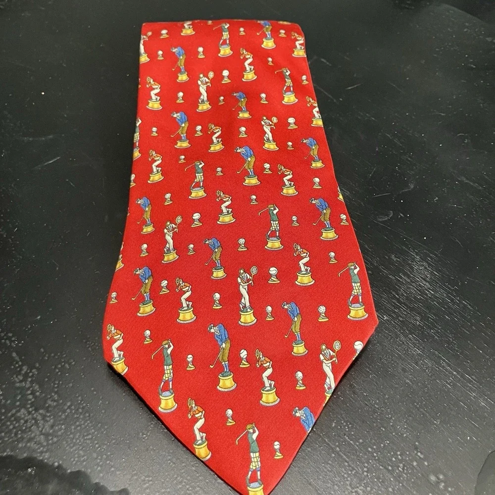 Salvatore Ferragamo Silk Necktie Red Golf Player Trophy Novelty Print Made Italy