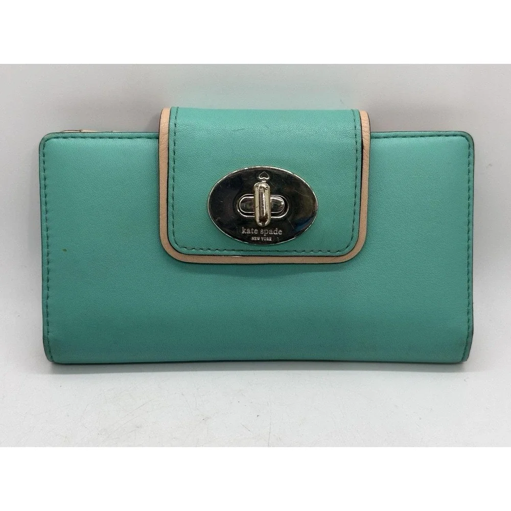 Kate Spade New York Mara Turn Lock Leather Wallet Turquoise Blue Continental