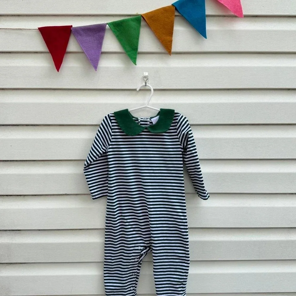 Stitchy Fish white & blue striped romper with green collar