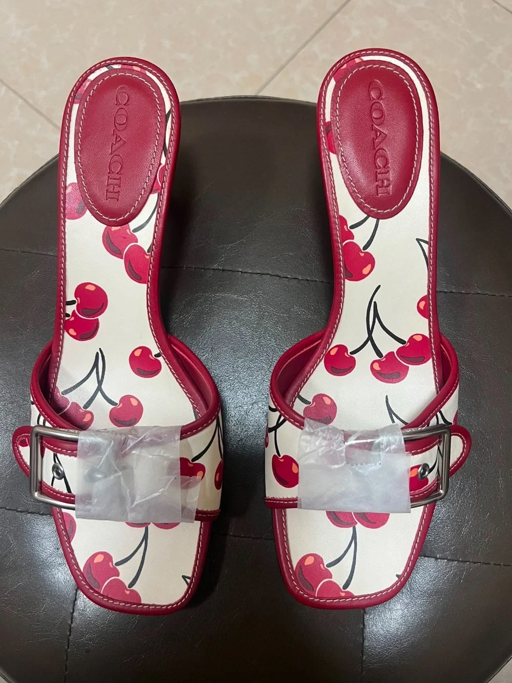 COACH Cherry-Print Red & White Leather Buckle Slide Mules
