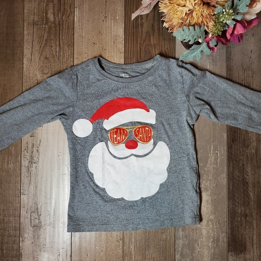 Carter's Kid Size 5/5A Gray Team Santa Cotton Graphic Print Long Sleeve Tee NWOT