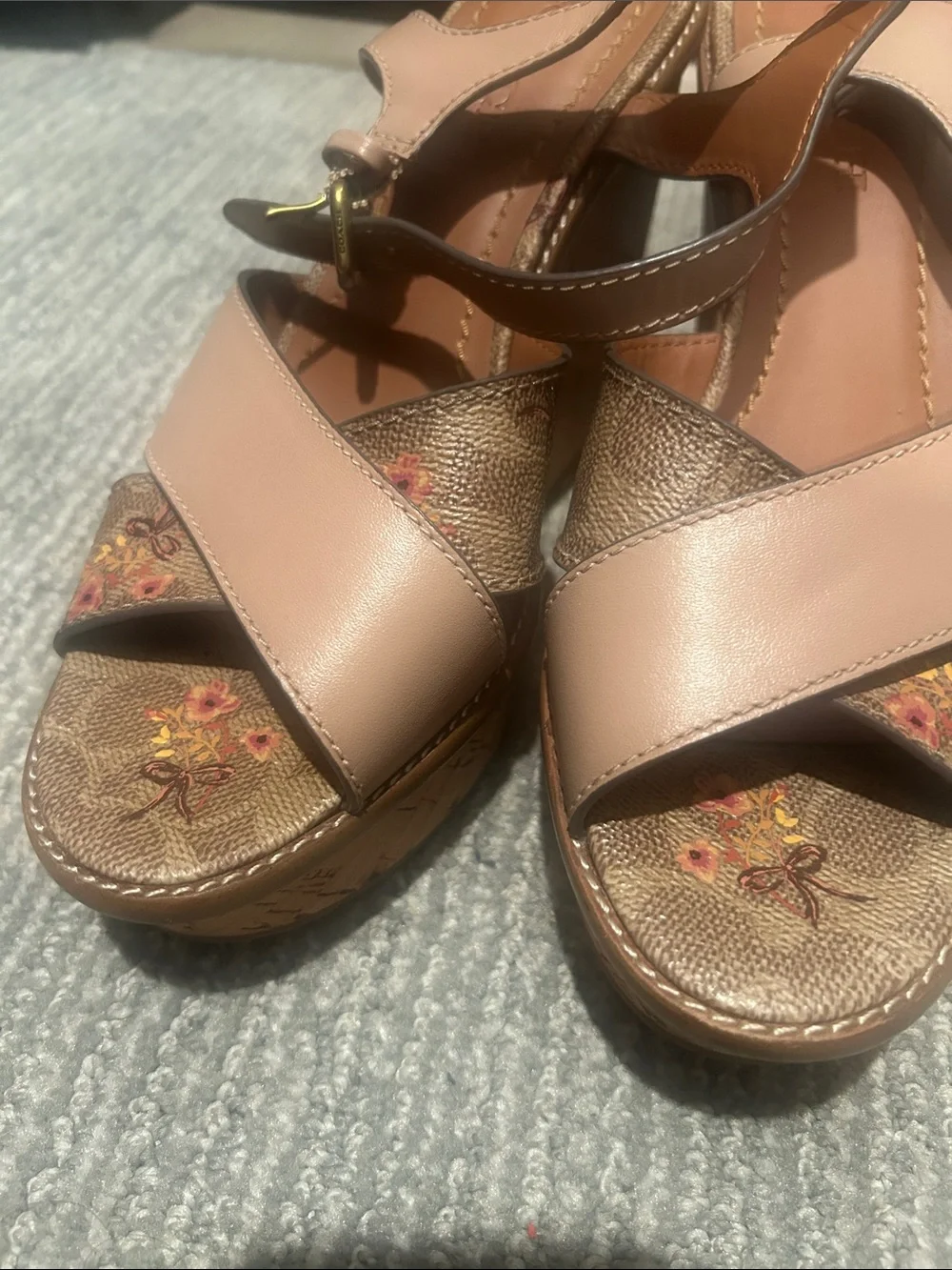 Coach Pink Leather Wedge Sandals with Embroidered Canvas