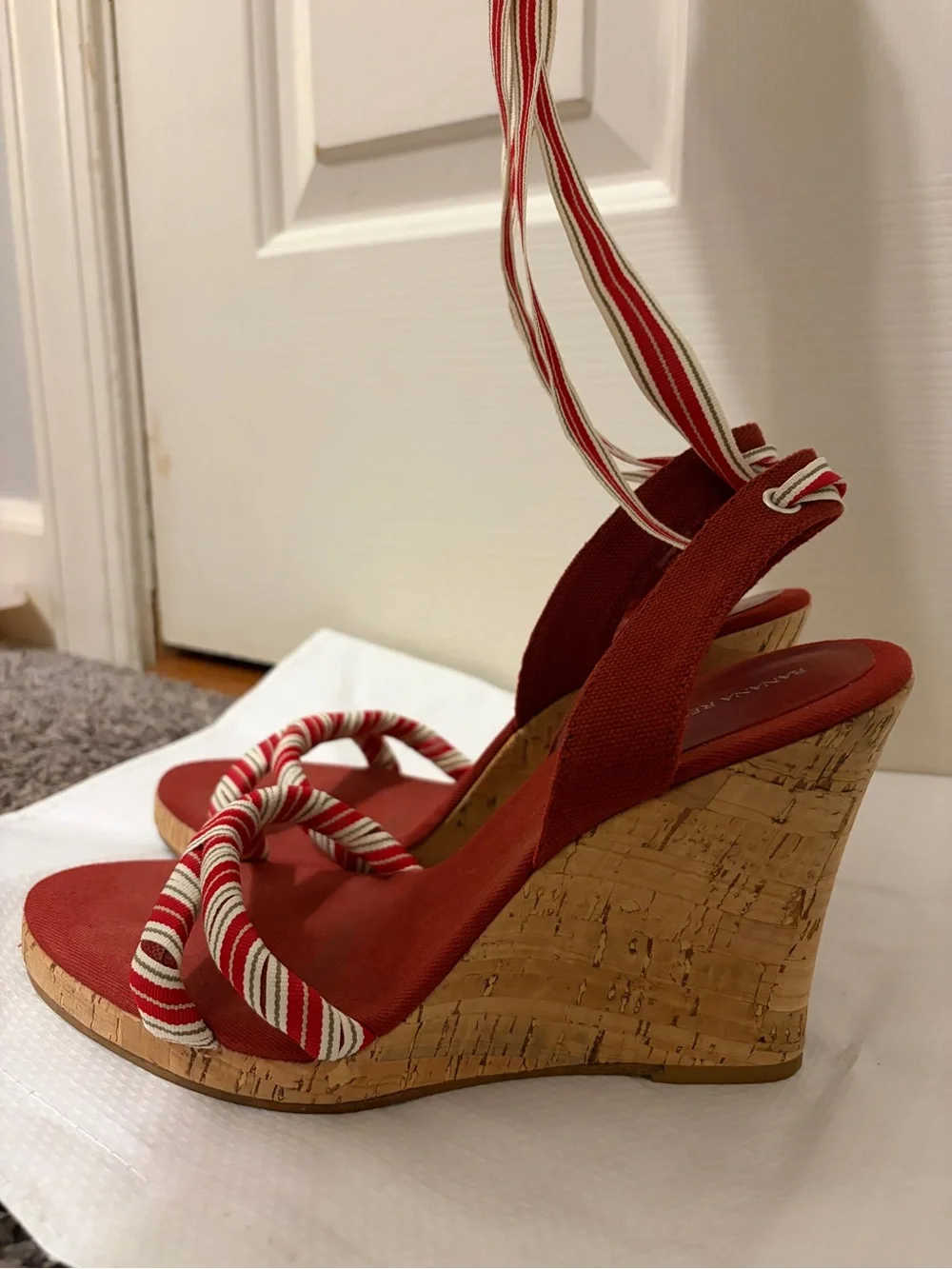 Banana Republic Red Cork Wedge Sandals with Striped Ankle Ties