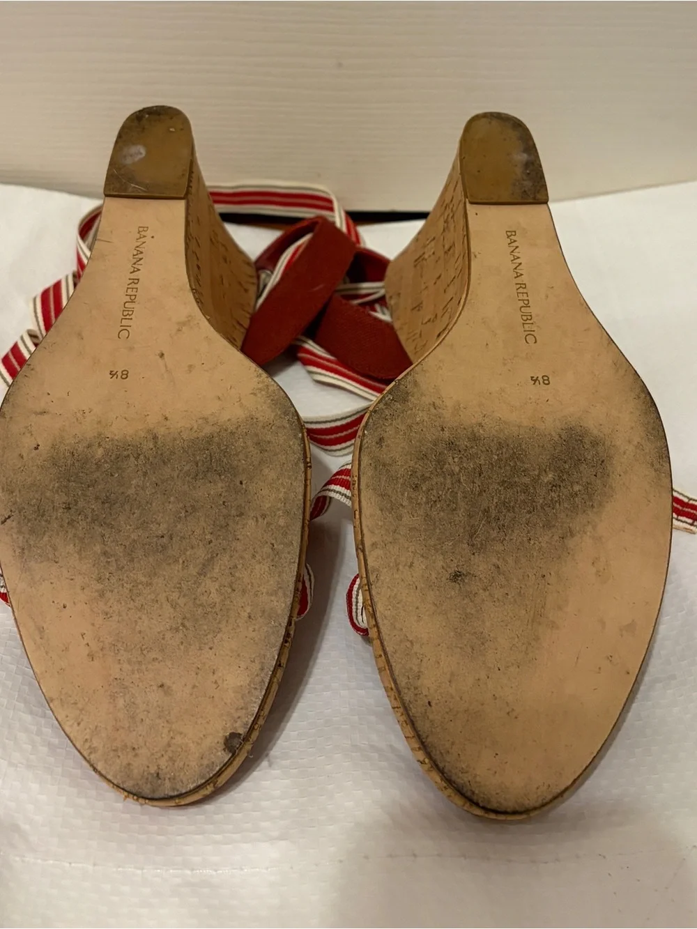 Banana Republic Red Cork Wedge Sandals with Striped Ankle Ties