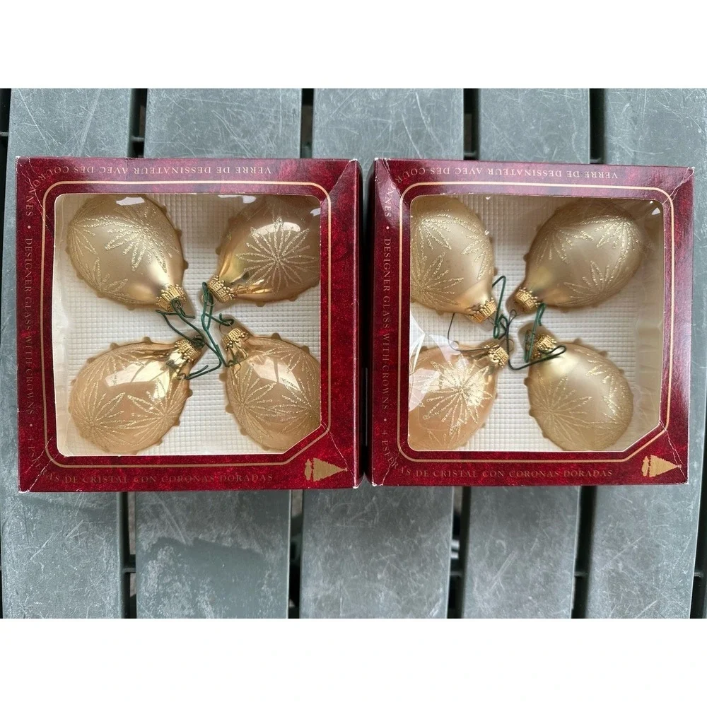 90s‎ Christmas By Krebs 8 VTG Hand Decorated Blown Glass Ornaments Tan/Gold