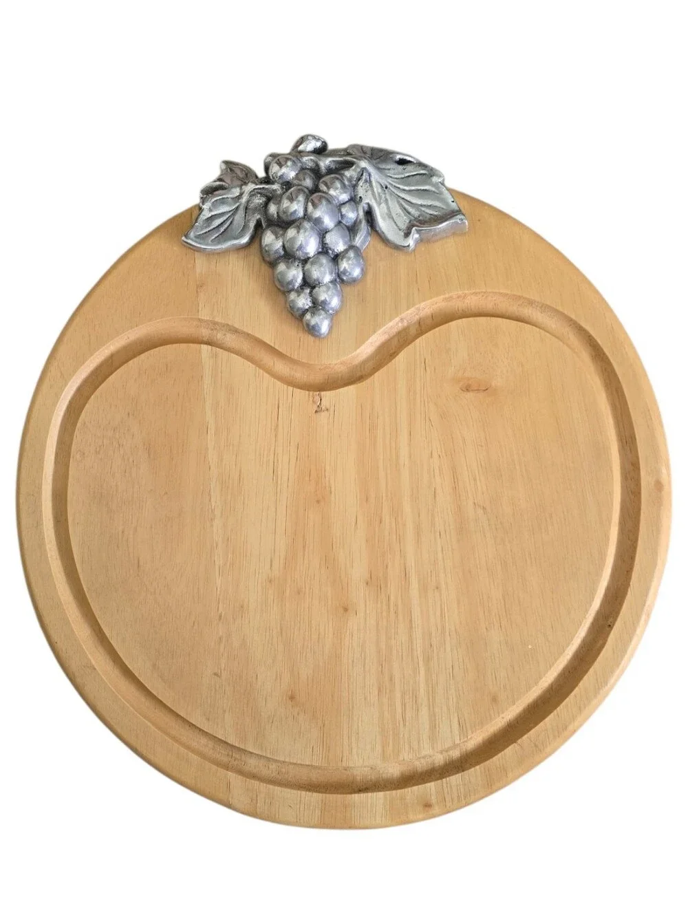 Wooden Serving Cheese Fruit Tray w/ Metal Grapes Accent | Rustic Kitchen Decor