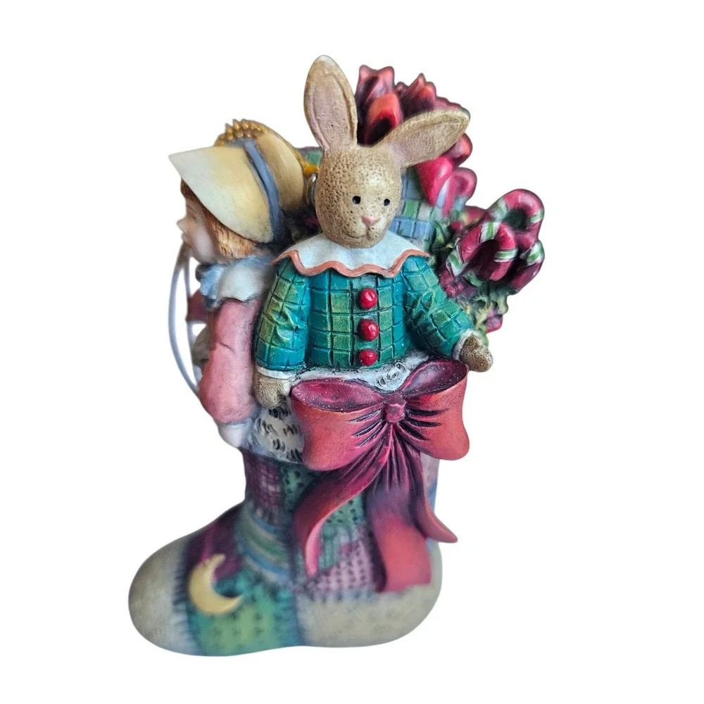 Collectible Christmas Stocking Ornament Figurine with Child and Bunny 1999‎