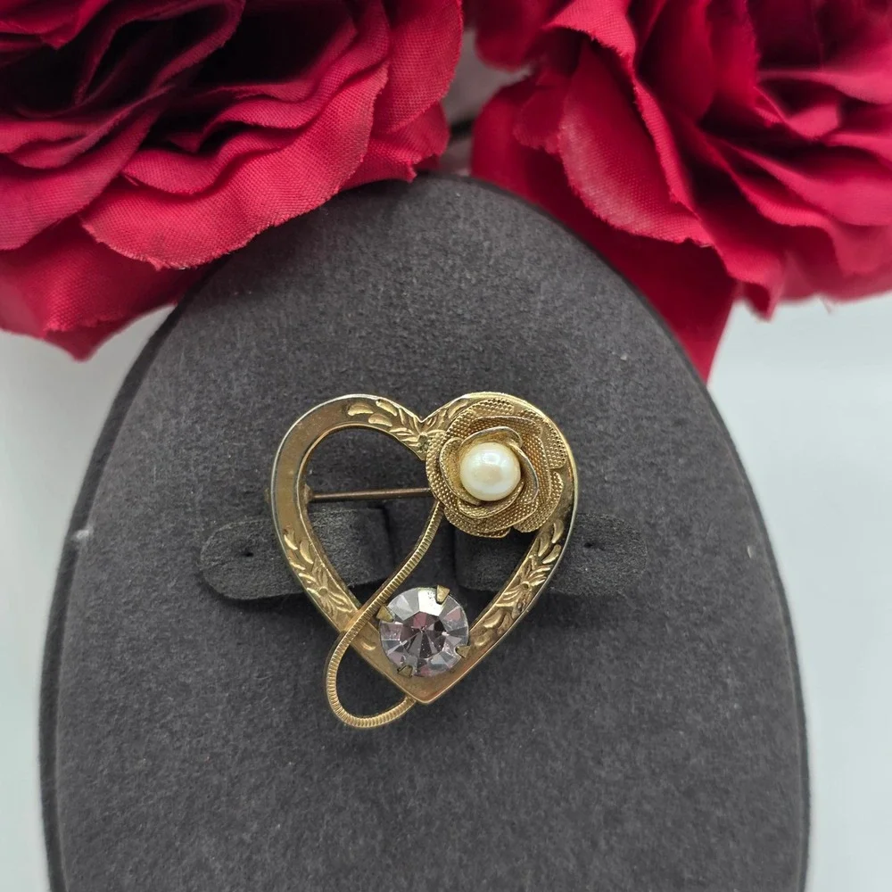 Vintage Gold Tone Heart Brooch Rose Faux Pearl Lavender Rhinestone Etched Pin