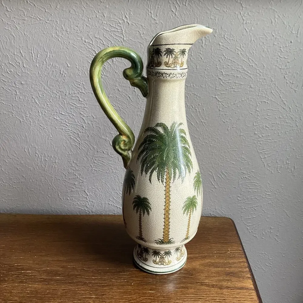 Vintage 2001 Ceramic crackle glaze Vase with Palm Trees 14- 1/2