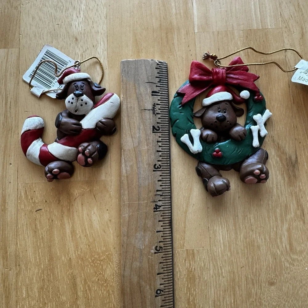Christmas Ornaments Dog Puppy Lot of 4 Holiday Brown Wrath Candy‎ Cane Resin New