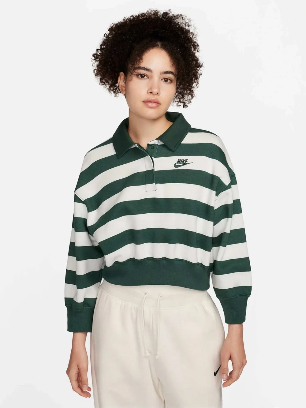 Nike Phoenix Cropped Rugby Polo Striped Sweatshirt Top Green White