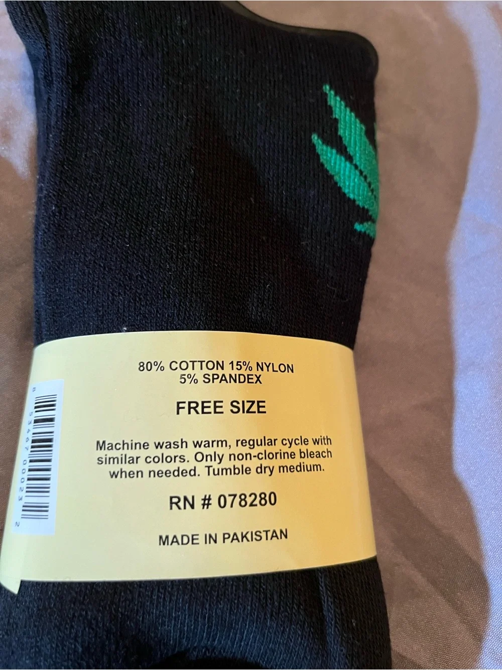 WEEDO Black Crew Socks with Green Leaf Pattern