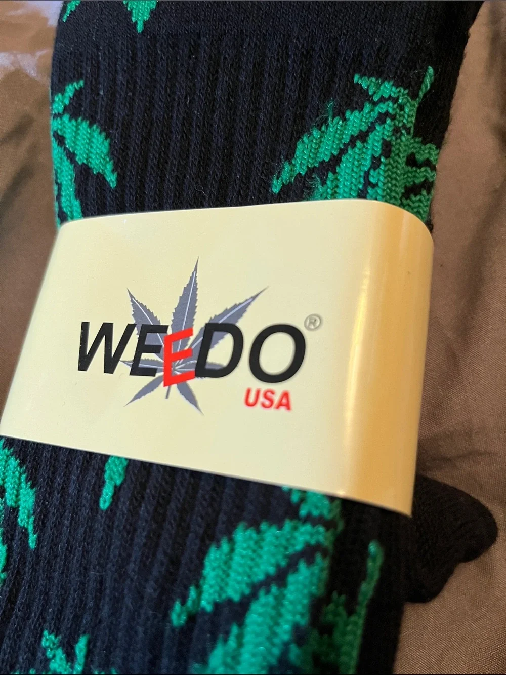 WEEDO Black Crew Socks with Green Leaf Pattern