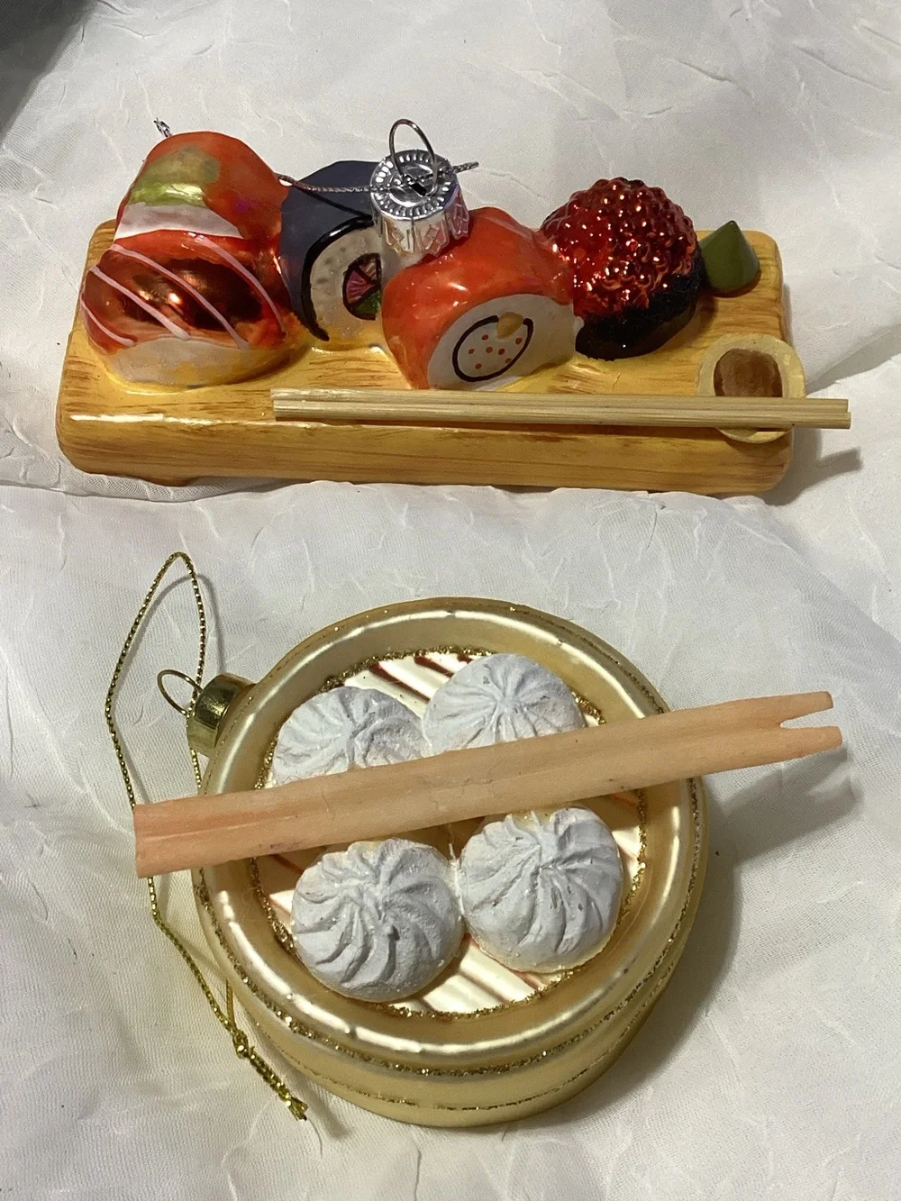 Sushi & Chinese Dumplings Glass Christmas Ornaments Fun Holiday Tree Decor