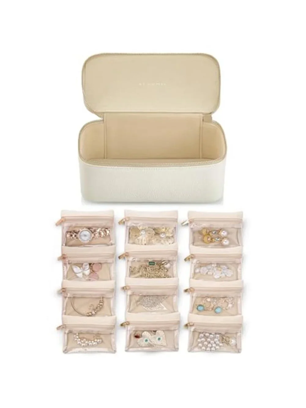 White Travel Jewelry Box Organizer Case 12 Velvet Pouches Necklace Earring Ring