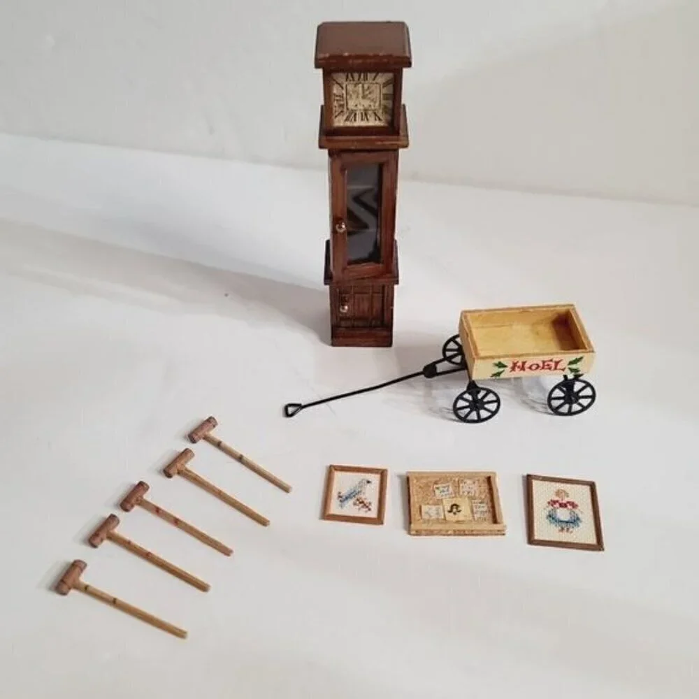 Vintage Antique Dollhouse Furniture Miniatures Clock Wall Art Croquet