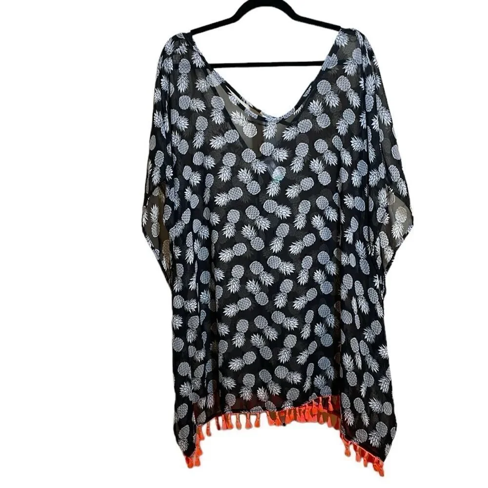 No Boundaries Pineapple Print Kaftan Shawl size XL Black & White semi sheer