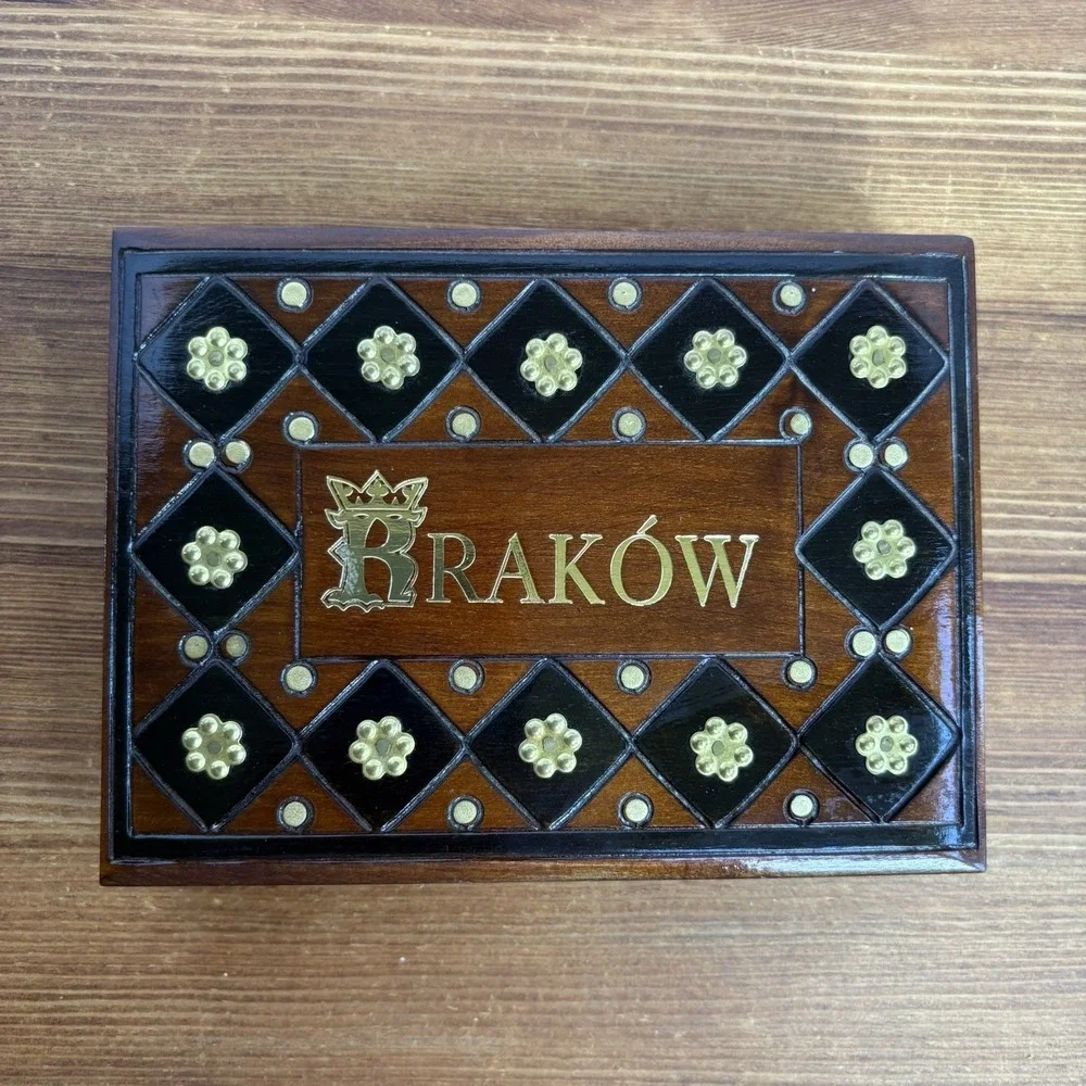 Vintage Kraków Poland Wooden Trinket Jewelry Box Gold Tone Metal Accent Souvenir
