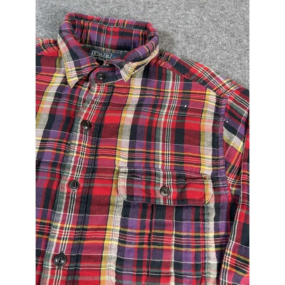 Polo Ralph Lauren Plaid Flannel‎ Shirt Men's M Button Front Red Blue Academia