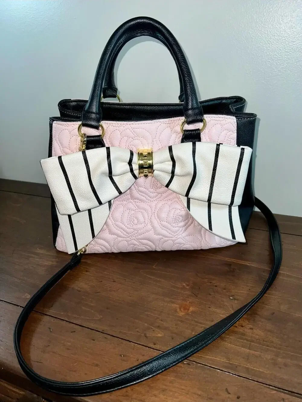 Betsey Johnson Pink and Black Quilted Satchel with Striped Bow nwot