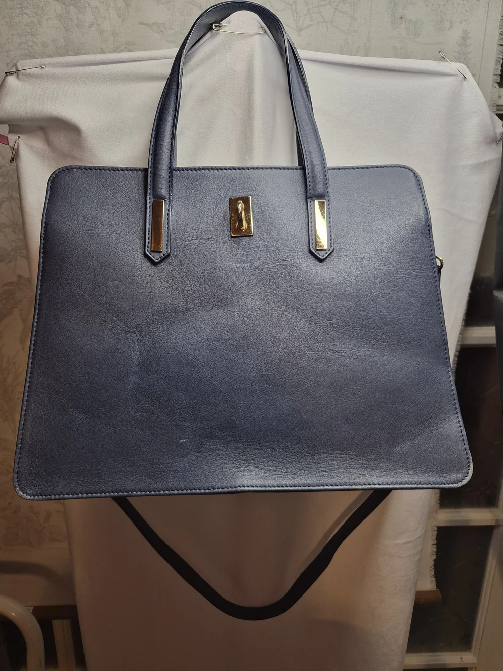 Italian Vera Pelle Genuine Leather Navy Satchel Tote Purse Gold Hardware